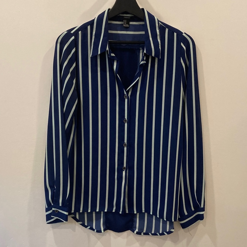 Forever 21 Navy and Mint Green Striped Women’s Blouse - Medium